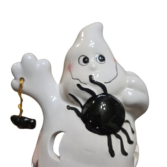 Ceramic Ghost and Spider Tea Light Holder Halloween Decor Candleholder - Picture 3 of 16